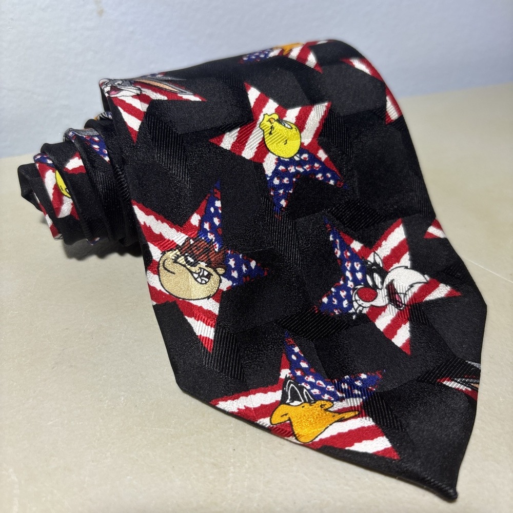 EUC Vintage Looney Tunes Mania 1995 American Flag Tie Bugs Tweety Taz 60"x3.75"